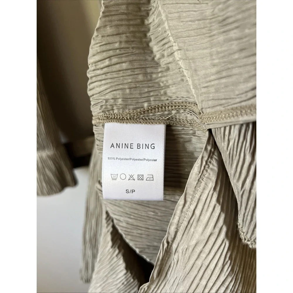 Anine Bing Alma Pleated Shirt Midi Dress Size Small Belted Green Khaki Modern